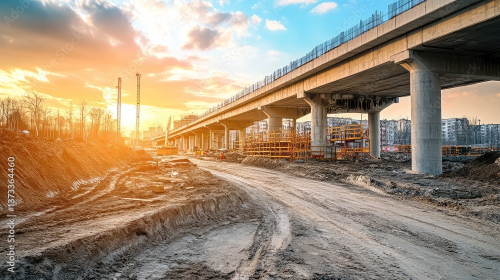 Fototapeta premium Bridge overpass construction with multiple support columns rising. Bridge construction copy space.