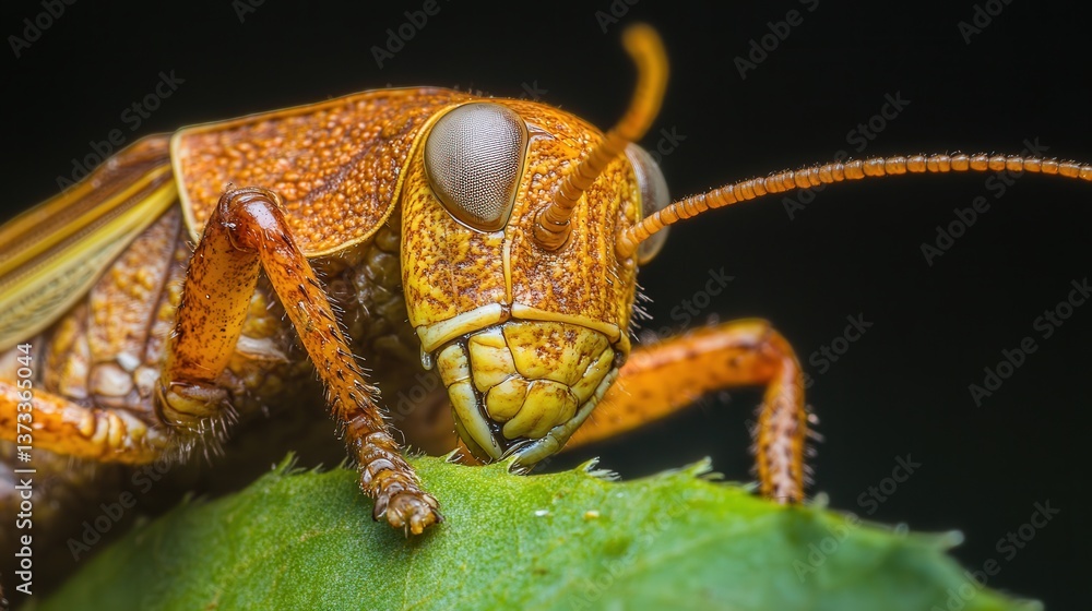 Naklejka premium grasshopper eating a leaf, with a sharp focus on its textured exoskeleton and the leaf's torn edge.