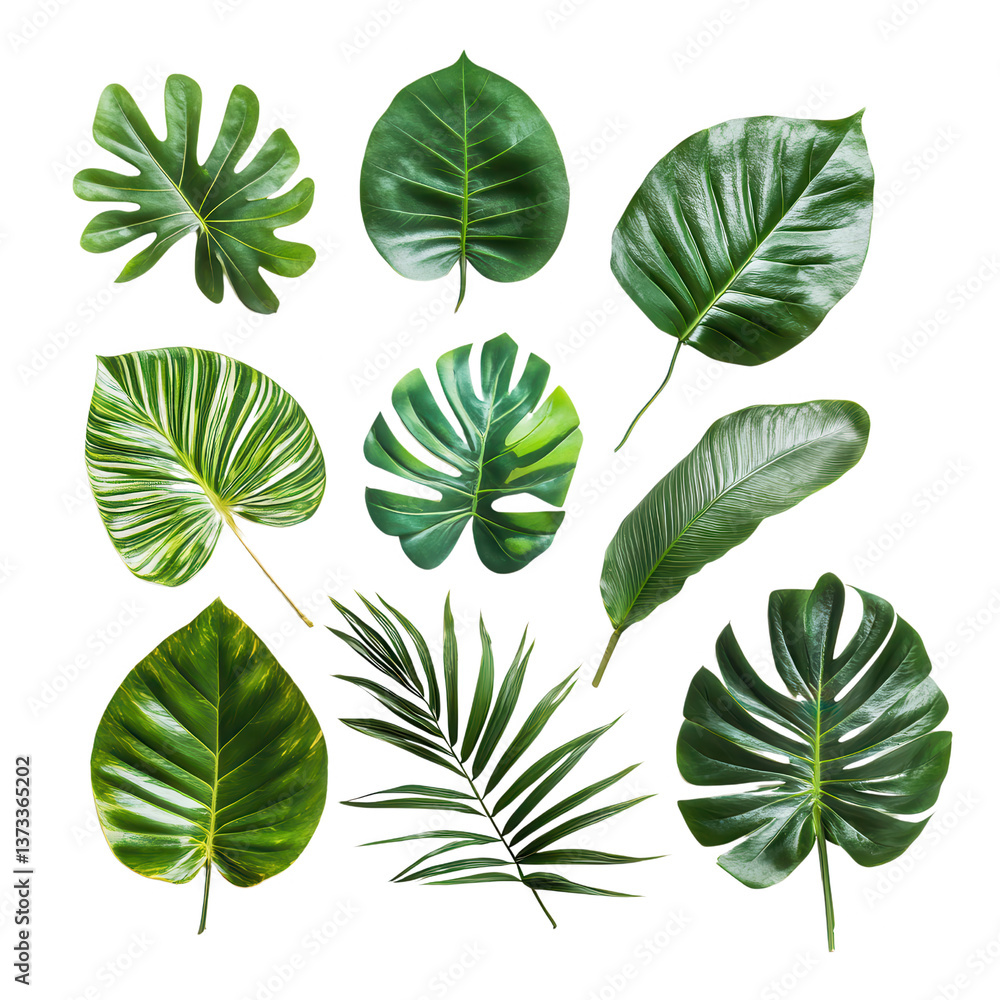 Fototapeta premium Vibrant Foliage: A collection of lush, green tropical leaves showcased, highlighting a variety of shapes, textures, and sizes, perfect for adding a touch of nature to any project.
