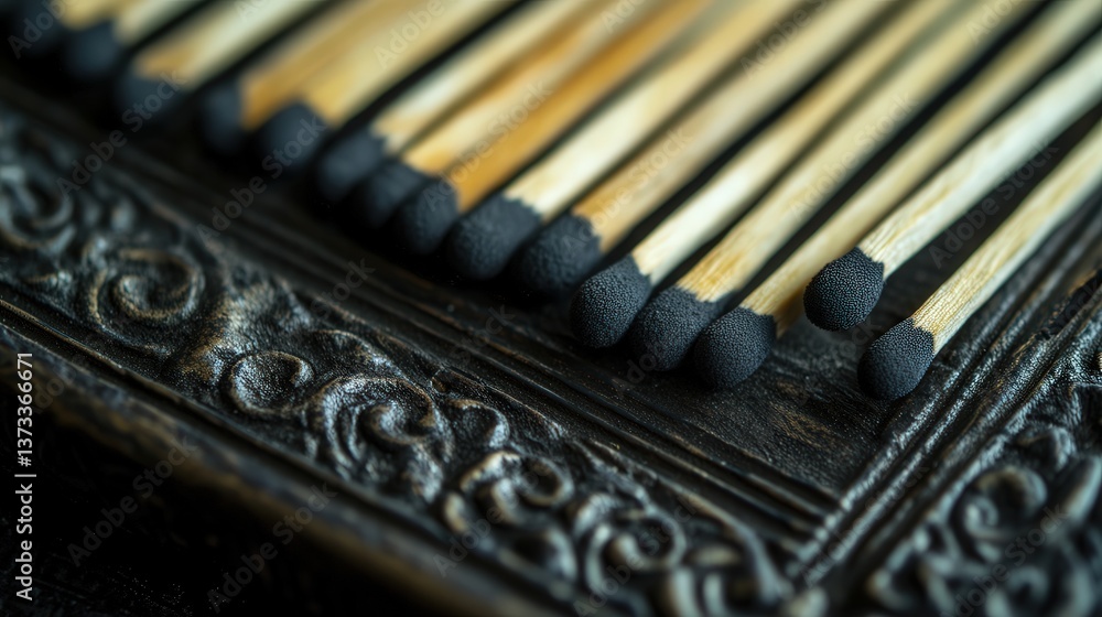 matchbox tray showing fine details of its textured striking surface and carefully crafted wooden matches. matchbox tray showing fine details of its textured striking surface and carefully crafted wooden matches.