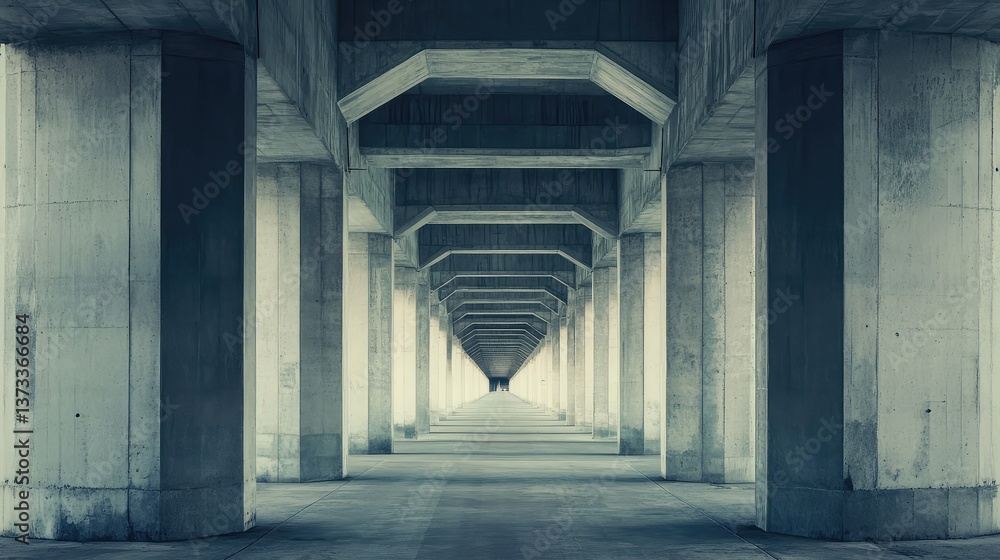Concrete highway bridge supports forming a symmetrical pattern. Bridge construction copy space.