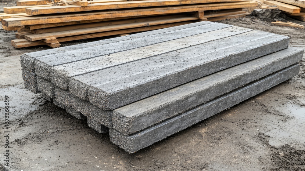 Concrete road slabs with embedded steel dowel bars, construction site materials. Road construction copy space.
