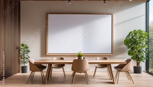  A modern meeting room with a large white blank panel framed in light oak, designed for custo 