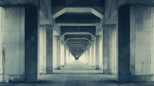 Obraz na płótnie Concrete highway bridge supports forming a symmetrical pattern. Bridge construction copy space. w salonie