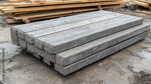 Obraz na płótnie Concrete road slabs with embedded steel dowel bars, construction site materials. Road construction copy space. w salonie