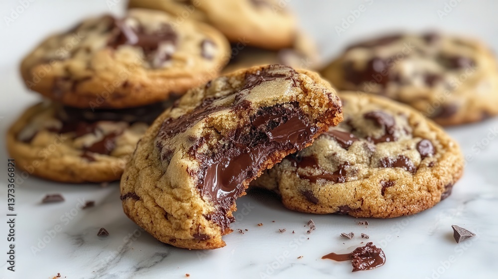 pile of chocolate chip cookies, one with a bite taken, revealing the melting chocolate, surrounded by a few scattered crumbs pile of chocolate chip cookies, one with a bite taken, revealing the melting chocolate, surrounded by a few scattered crumbs