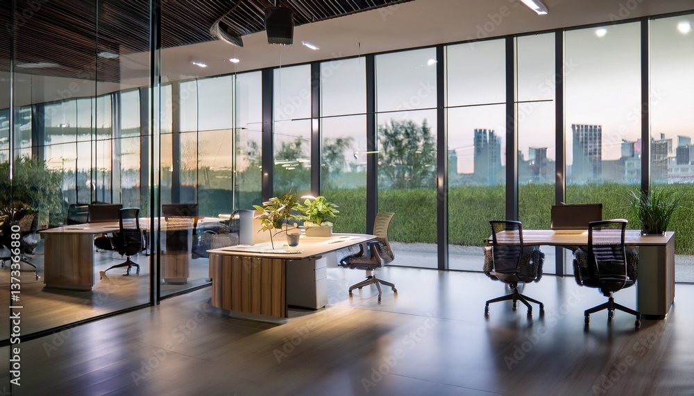 A shared office environment with multiple desks, cozy chairs, and modern lighting. Glass par A shared office environment with multiple desks, cozy chairs, and modern lighting. Glass par