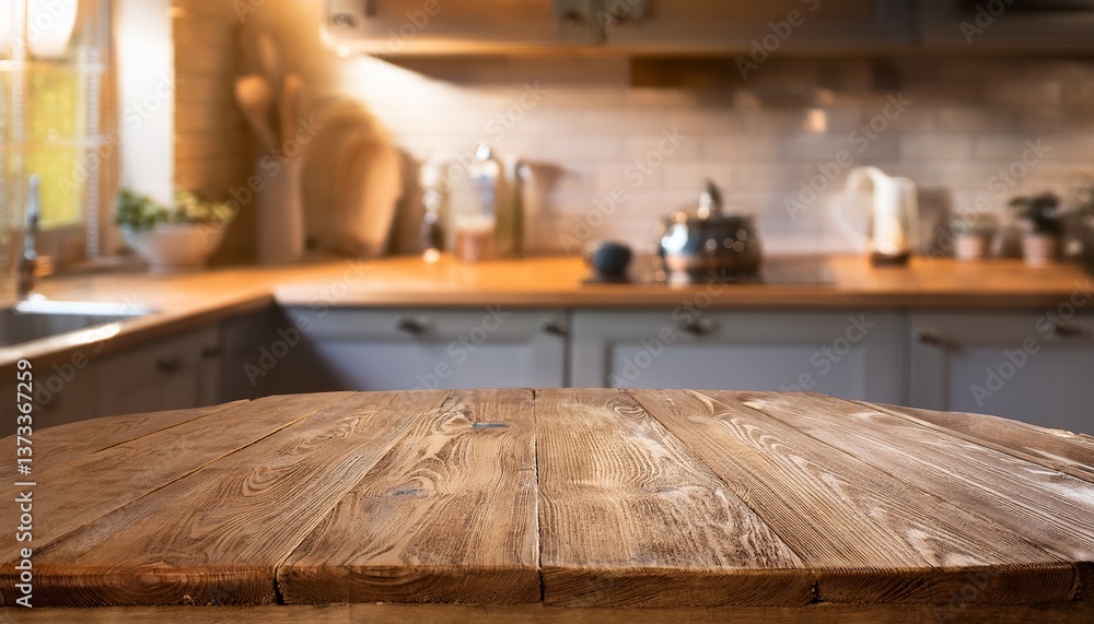 Butcher block counter-style wood table top in high clarity, kitchen scene with soft pastel t Butcher block counter-style wood table top in high clarity, kitchen scene with soft pastel t