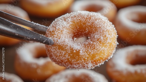 sugar-coated donuts being carefully extracted with tongs, showcasing their golden-brown texture and glistening sugar crystals, set against a clean, neutral background