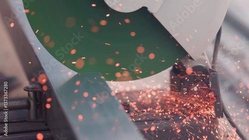 Worker cutting square steel pipe in constuction site.