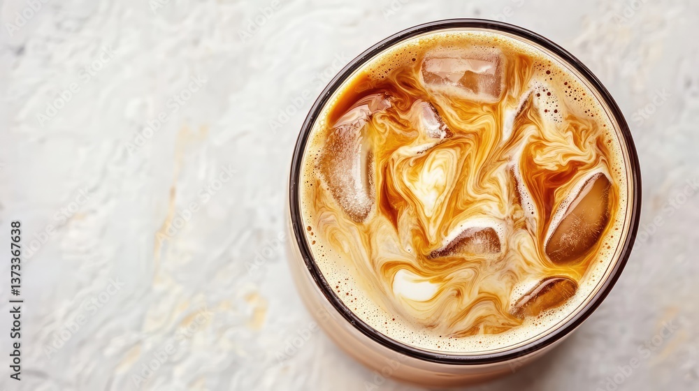 Freshly mixed iced coffee with swirling cream, top-down view. Drink mixing copy space. Freshly mixed iced coffee with swirling cream, top-down view. Drink mixing copy space.