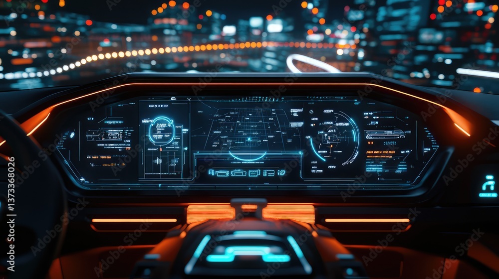 Futuristic dashboard of an autonomous vehicle with navigation and route information displayed on a digital screen. Futuristic dashboard of an autonomous vehicle with navigation and route information displayed on a digital screen.