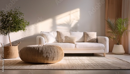  Neutral minimalist decor with a rattan pouf near a contemporary white corner sofa, surrounde