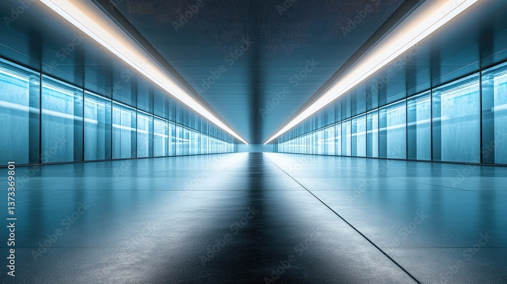 Fototapeta premium Long symmetrical corridor with modern lighting and polished floors, futuristic design. Architectural copy space.