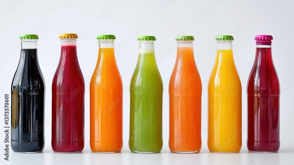 Minimalistic image of fresh fruit juices in glass bottles lined up against a clean background, providing a modern look for healthy beverage choices. Minimalistic image of fresh fruit juices in glass bottles lined up against a clean background, providing a modern look for healthy beverage choices.