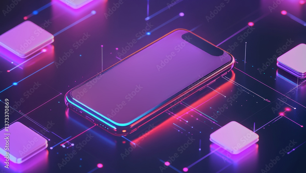 Futuristic Smartphone on Abstract Digital Background with Neon Lights Futuristic Smartphone on Abstract Digital Background with Neon Lights