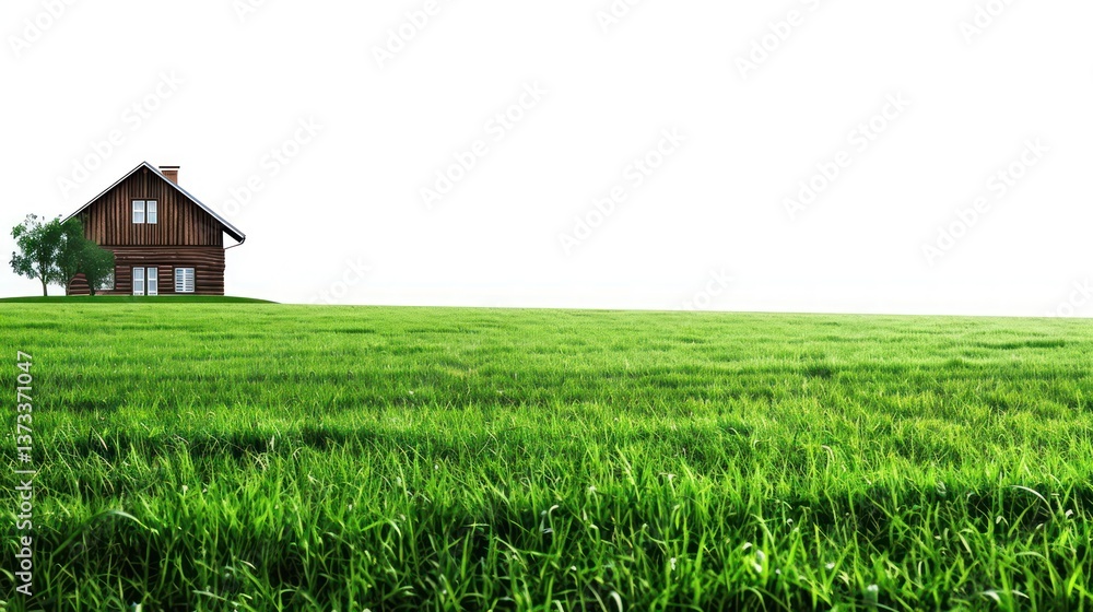 Minimalist design of a house on a green lawn, with space for text or graphics Minimalist design of a house on a green lawn, with space for text or graphics