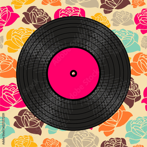 Vinyl disk retro player style illustration vector art decor design 70s, 80s, 90s music pattern	
