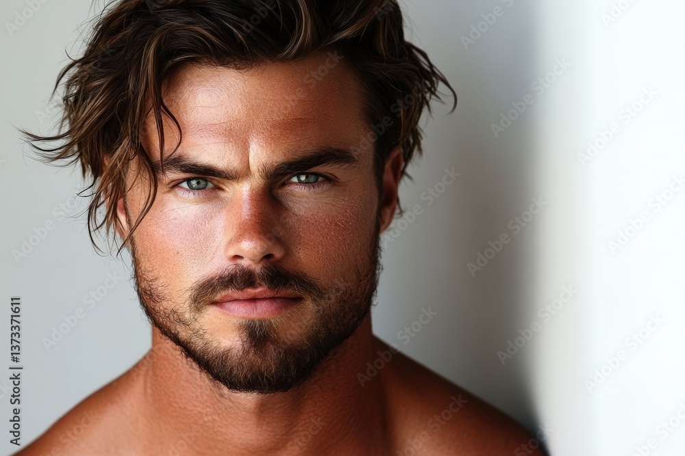 Fototapeta premium Striking close-up portrait of a handsome man with strong features.