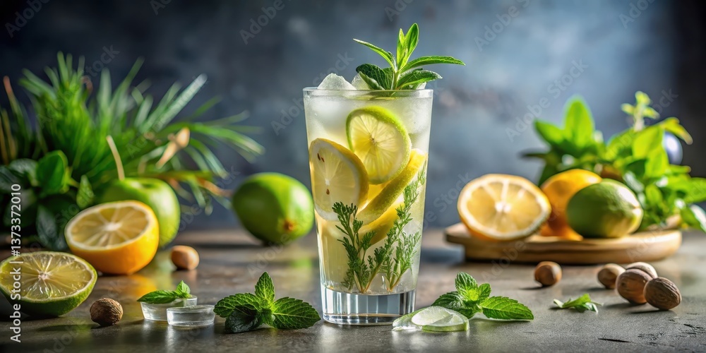Fototapeta premium Refreshing Citrus and Herb Infused Iced Beverage in Tall Glass with Garnish