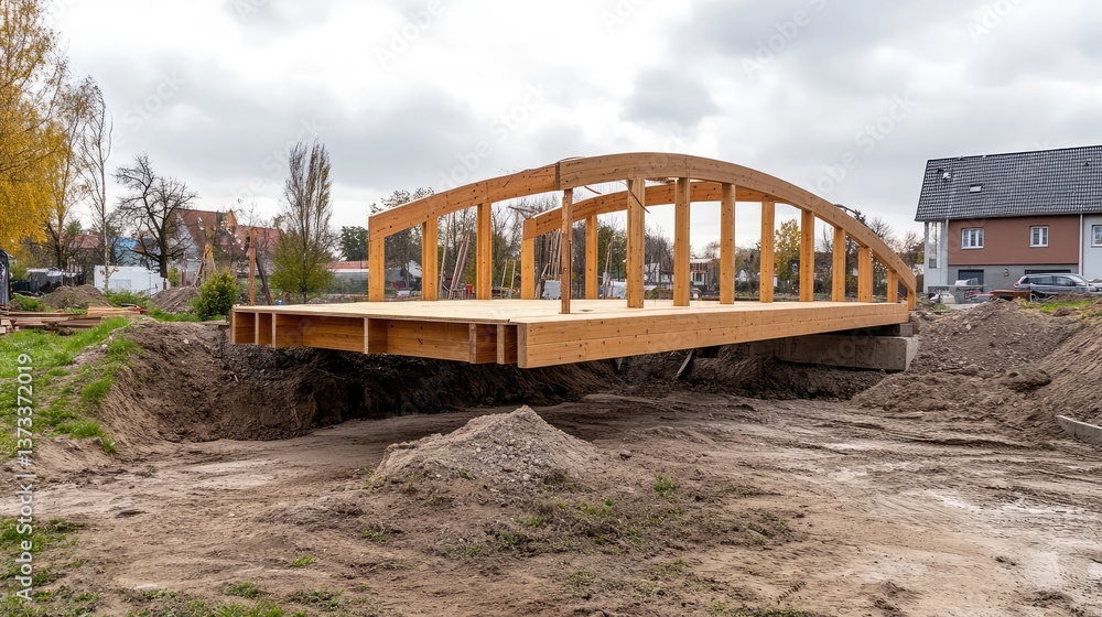 Obraz premium Temporary wooden bridge framework over a construction site. Bridge construction copy space.