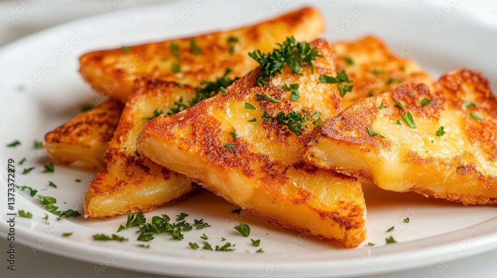 fried potato triangles, each covered with grilled cheese, served hot on a white plate with a garnish of parsley. fried potato triangles, each covered with grilled cheese, served hot on a white plate with a garnish of parsley.