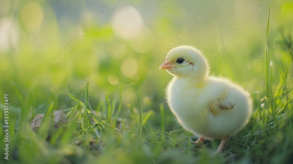chick foraging on the farm, its tiny movements captured in the soft green grass, set against the calm of the countryside chick foraging on the farm, its tiny movements captured in the soft green grass, set against the calm of the countryside