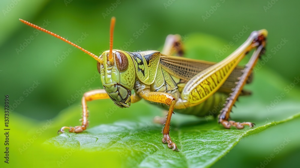 grasshopper perched on a vibrant green leaf, its mandibles actively chewing through the delicate surface. grasshopper perched on a vibrant green leaf, its mandibles actively chewing through the delicate surface.
