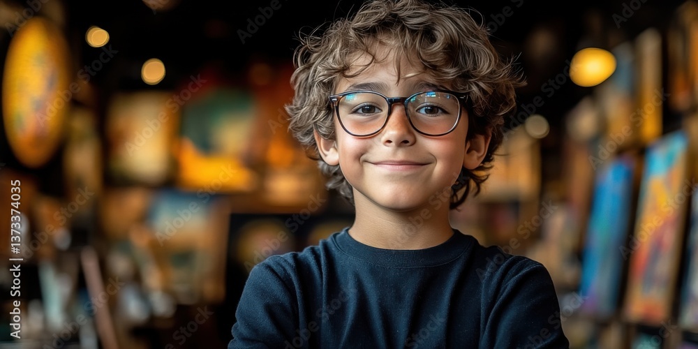 A young boy wearing glasses is smiling in front of a wall of paintings A young boy wearing glasses is smiling in front of a wall of paintings