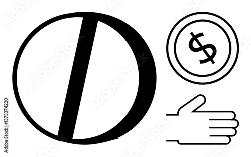 Prohibited circular icon next to dollar sign and hand gesture. Ideal for restriction, economy, regulation, no-payment, anti-money, financial policies, trade control. Flat simple metaphor