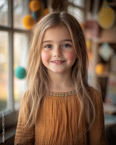 A young girl with long blonde hair is smiling and wearing a gray shirt
