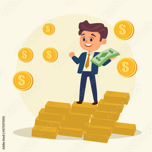 Businessman with dollar and gold. Gold trading concept.
