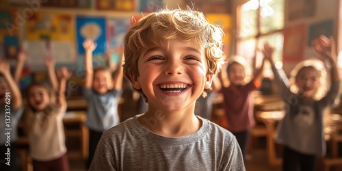 elementary school student laughing happily, blurred classroom with colorful posters and classmates raising hands