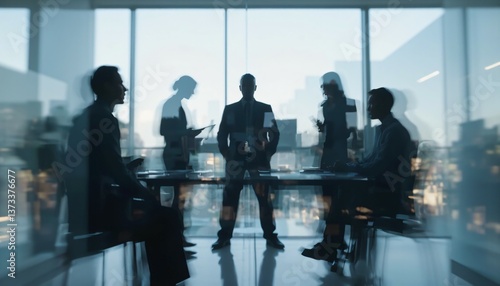 Meeting room, silhouettes intersect, intense discussion, decision imminent. photo