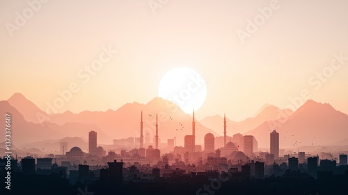Majestic City Skyline at Sunrise  Mountains  Mosques  and Modern Architecture