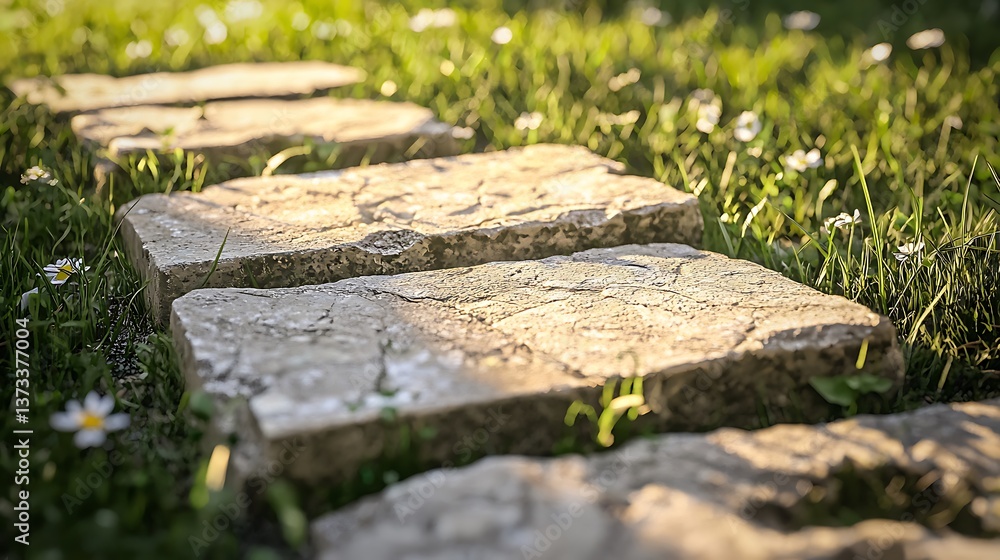 Fototapeta premium Stepping stones pathway in lush garden nature photography serene environment close-up view tranquility concept