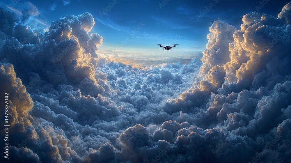 Obraz premium Drone Flight Above Majestic Cumulus Cloudscape at Sunset