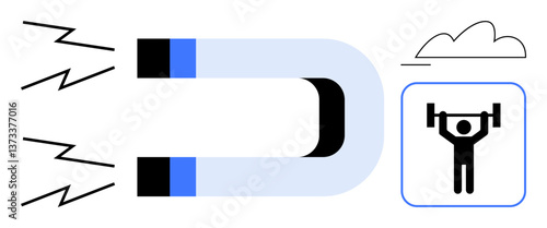 Magnetic force emits energy, weightlifter demonstrating strength and growth under abstract cloud. Ideal for motivation, attraction, energy, connection, discipline, resilience challenges. Flat simple