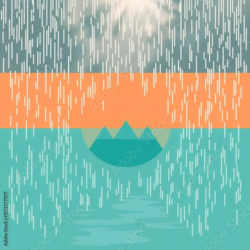 A surreal rainy landscape with abstract geometric elements and mountains in the background. The soothing combination of blue and orange creates a calm and modern aesthetic, symbolizing nature.