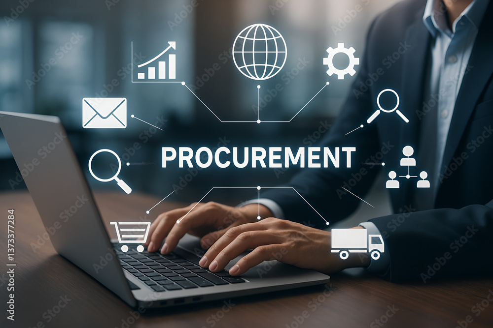 Typing on Laptop with Digital Logistics and Procurement Icons – Modern Supply Chain Visualization Typing on Laptop with Digital Logistics and Procurement Icons – Modern Supply Chain Visualization