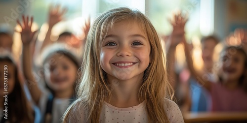 elementary school student, blurred classroom with classmates raising hands