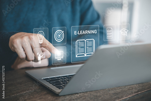 learn icon, online training on a laptop. concept of platform digital education, teaching course. curriculum learning online, business technology. a study from the webinar, Innovation Elearning