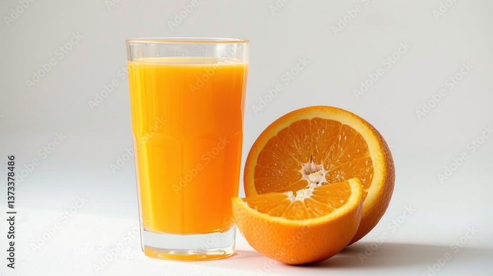 Side view of a glass of freshly squeezed orange juice next to a whole orange on a white backdrop, creating a refreshing and appetizing image. Side view of a glass of freshly squeezed orange juice next to a whole orange on a white backdrop, creating a refreshing and appetizing image.