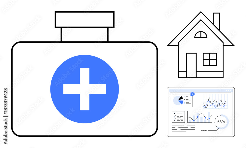 Obraz premium Medical kit with blue cross, house outline, and digital health monitor displaying vital signs. Ideal for home healthcare, telemedicine, remote monitoring, innovation, safety, medical assistance flat