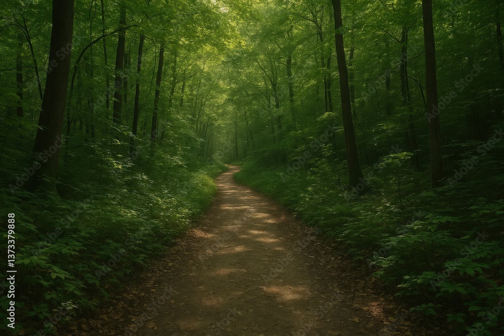 Obraz premium POV Walk Through Tranquil Nature – Peaceful First-Person View of Forest Path with Soft Light and Natural Stillness