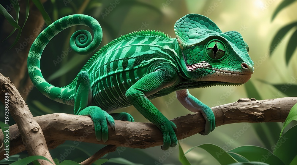 Fototapeta premium Cute green chameleon on branch against white background