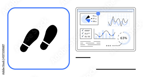 Footprint icon next to analytics dashboard showing data graphs, pie chart, and numeric indicators. Ideal for data tracking, activity monitoring, steps counting, fitness, technology, business