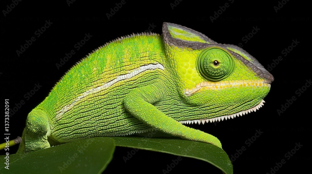 Fototapeta premium Vibrant Green Namaqua Chameleon on Leaf Closeup Reptile Portrait