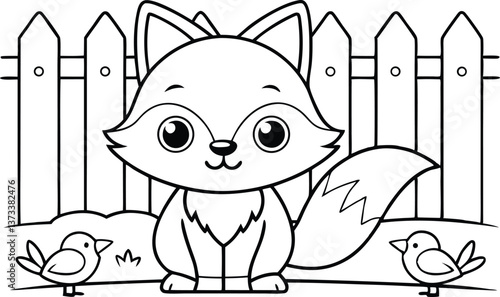 Cartoon Fox with Birds and Fence Line Art on Transparent Background