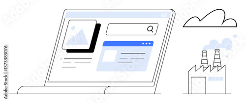 Open laptop with a search engine interface, industrial factory emitting smoke, and a cloud above. Ideal for technology, environment, industry, sustainability, research, digitalization innovation
